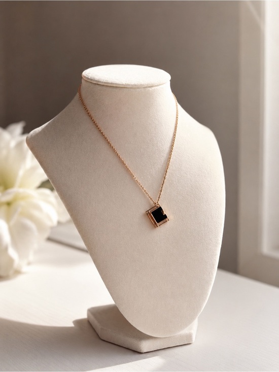 unbrand Jewelry - Rose Gold Square Pendant Necklace Minimal Black Stone Geometric Charm